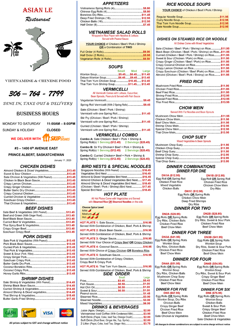 Asian Le Restaurant menu